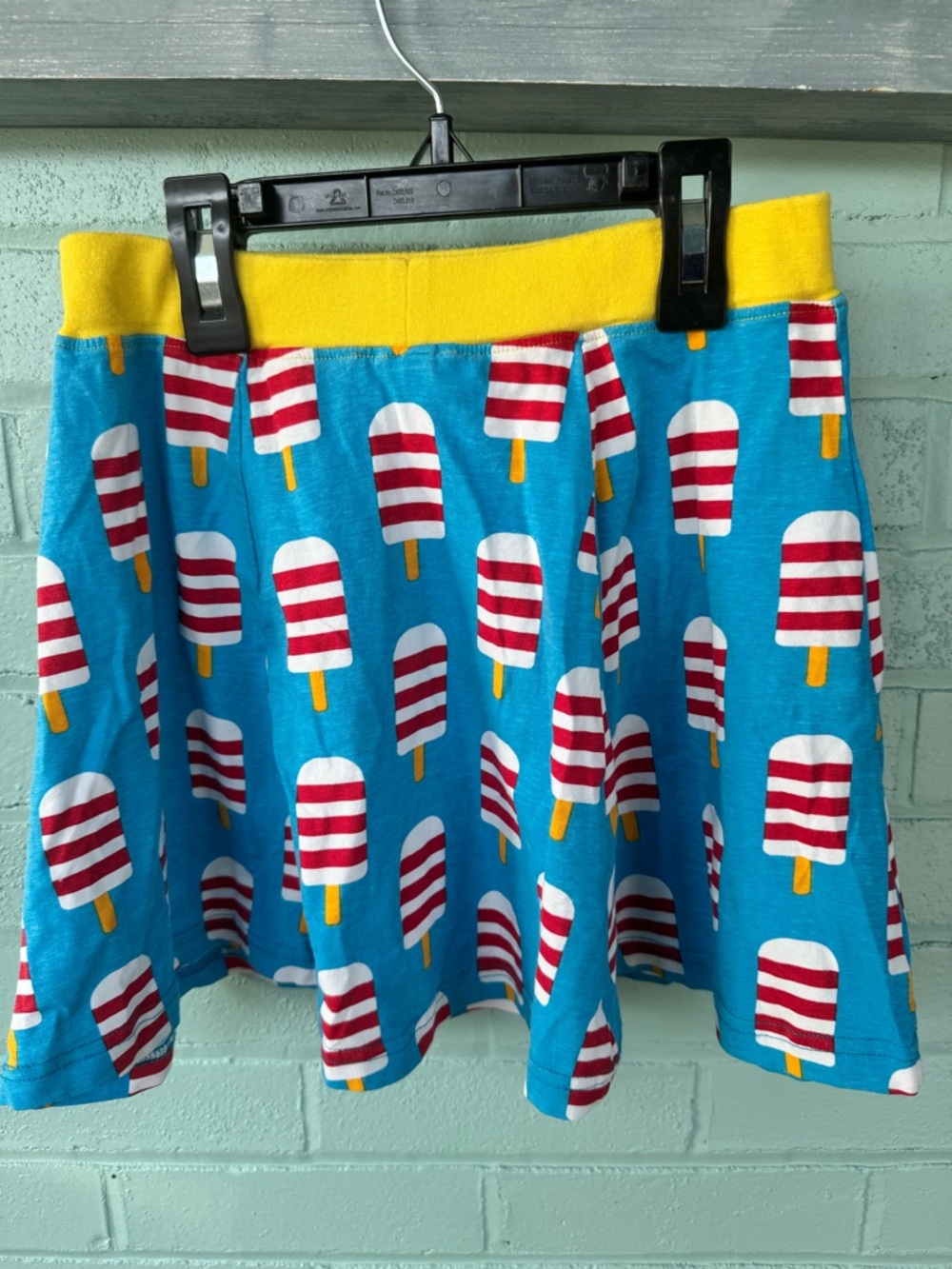 Maxomorra Girls' Blue Popsicle Print Skirt with Yellow Waistband.